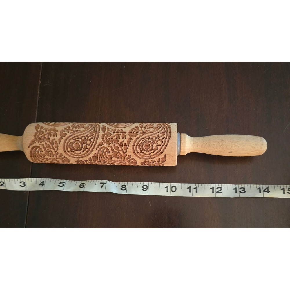Hygnn Paisley Engraved Wooden Rolling Pin Embossing Dough Roller Wood 15in - Picture 4 of 4